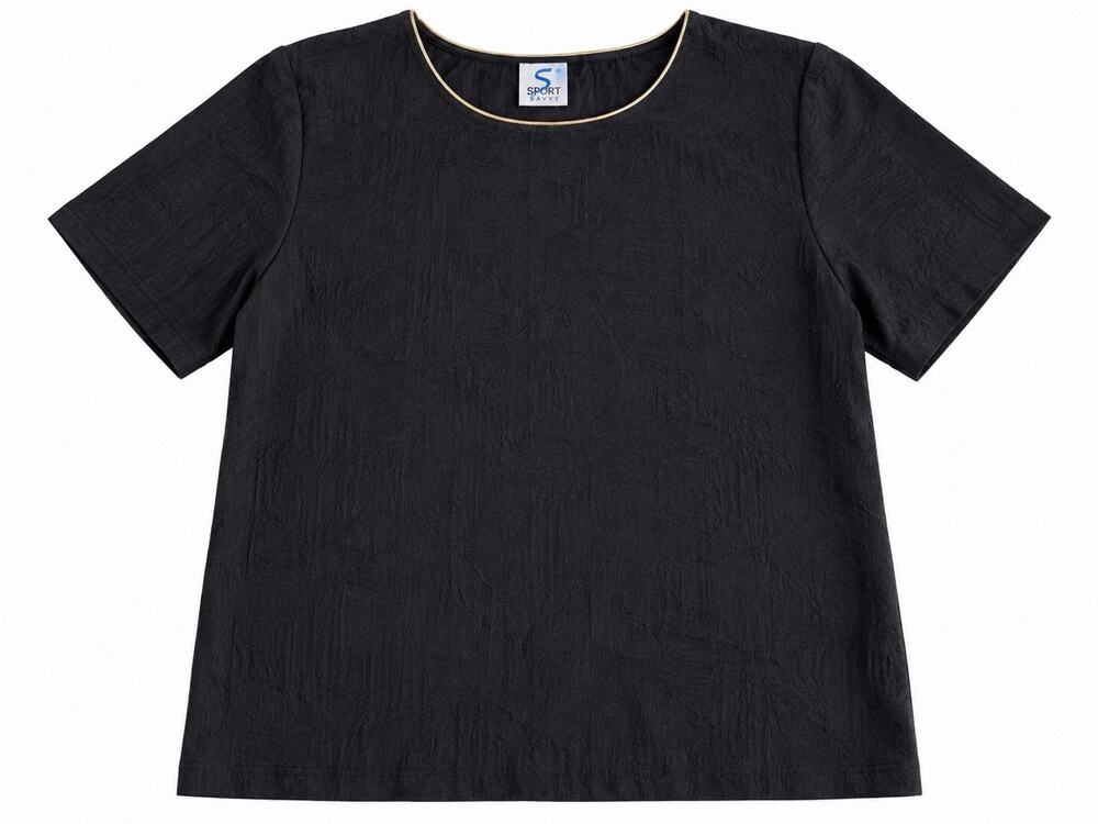 Sport Savvy Women’s Black Short Sleeve Blouse Gold Trim Textured Top